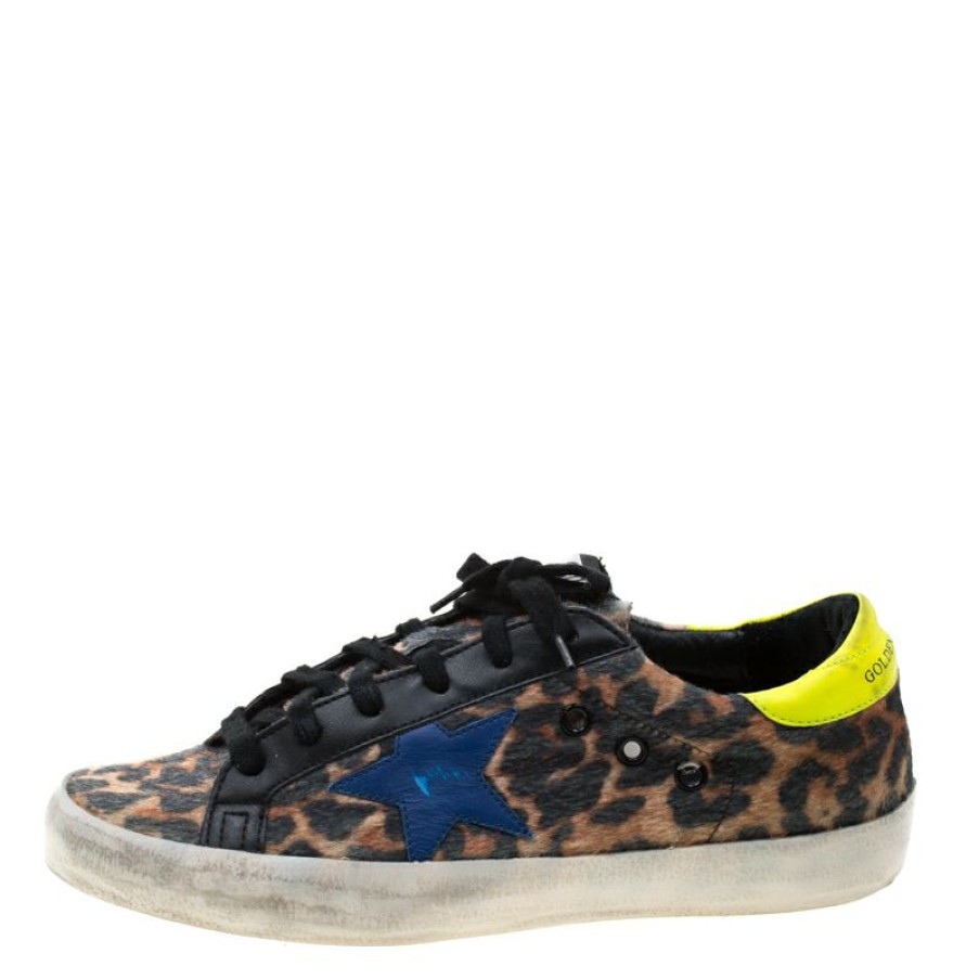 Women * | Golden Goose Leopard Print Calf Hair Superstar Distressed Lace Up Sneakers Size 39 For Women Brown