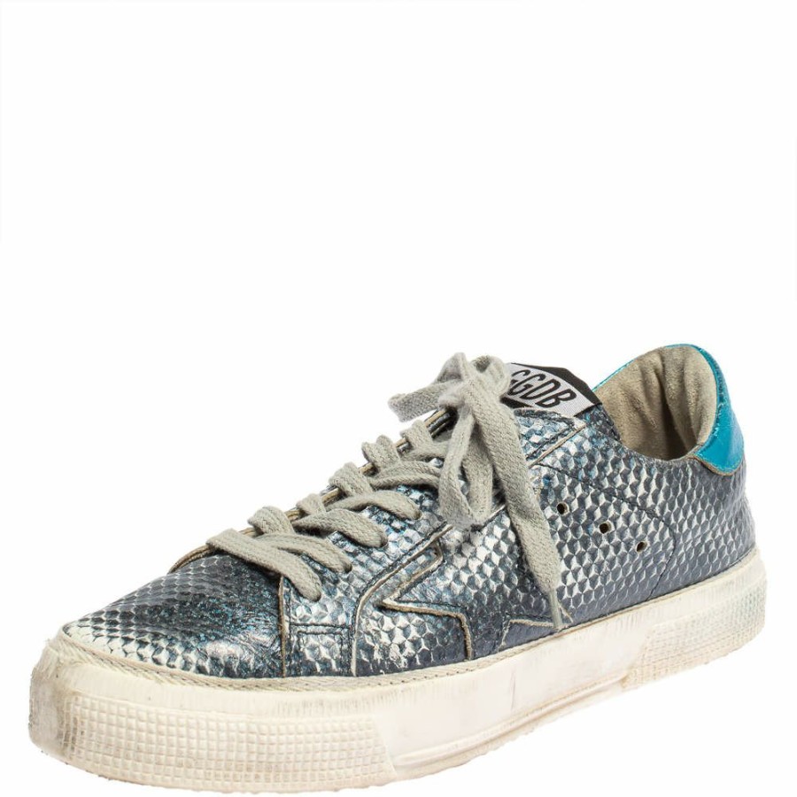 Women * | Golden Goose Metallic Snake Embossed Leather Sneakers Size 37 For Women Blue