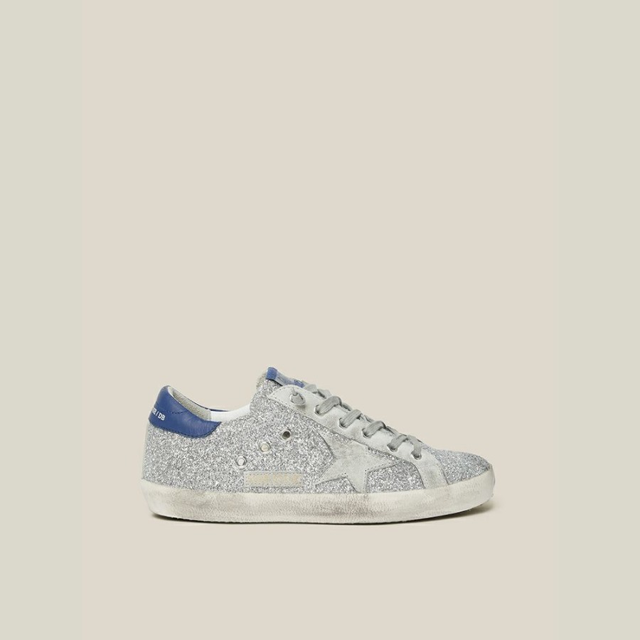 Women * | Golden Goose Deluxe Brand Superstar Silver Glitter Navy Tab Leather Sneakers Size It 35 For Women Metallic