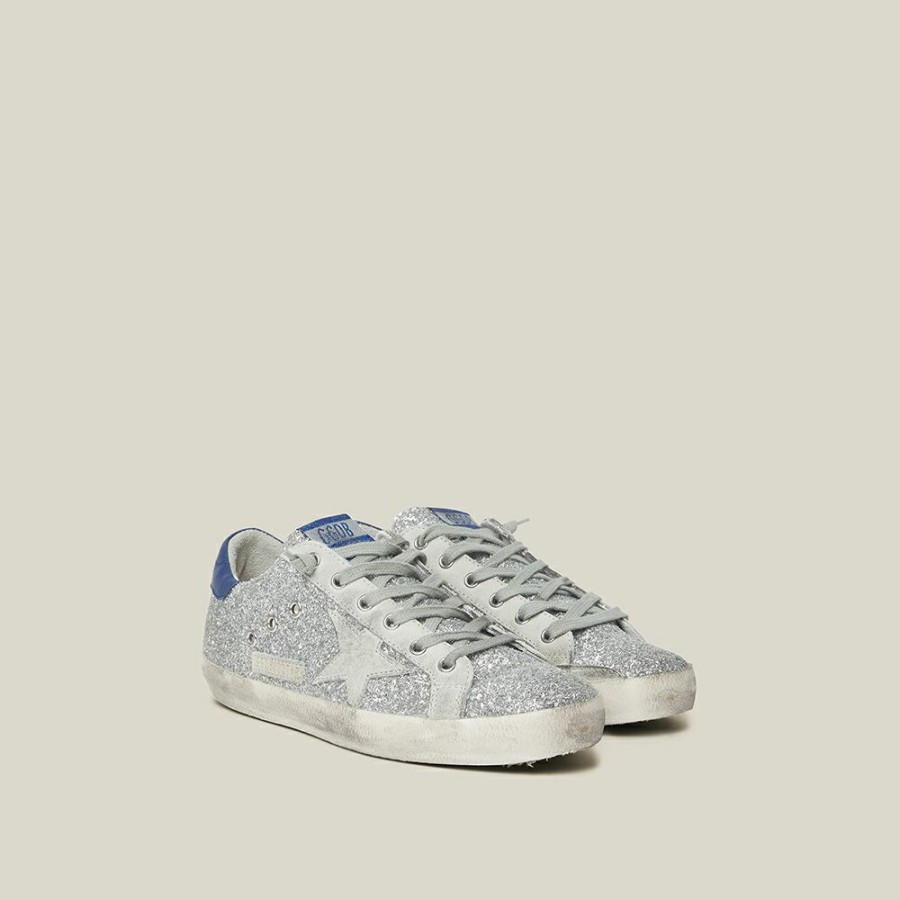 Women * | Golden Goose Deluxe Brand Superstar Silver Glitter Navy Tab Leather Sneakers Size It 35 For Women Metallic