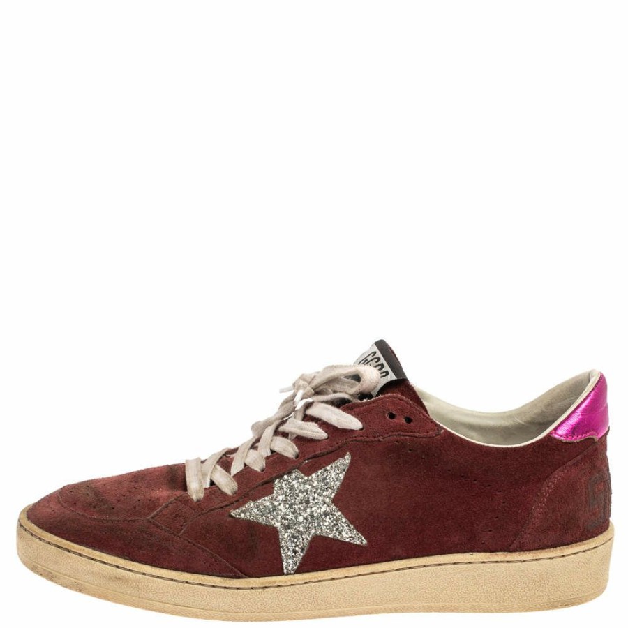 Women * | Golden Goose Suede Leather And Glitter Ball Star Lace Up Sneakers Size 40 For Women Burgundy