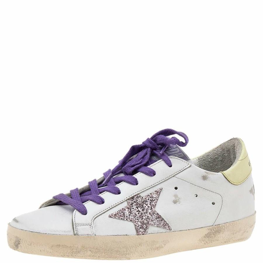 Women * | Golden Goose Leather Superstar Glitter Embellished Low Top Sneakers Size 38 For Women White