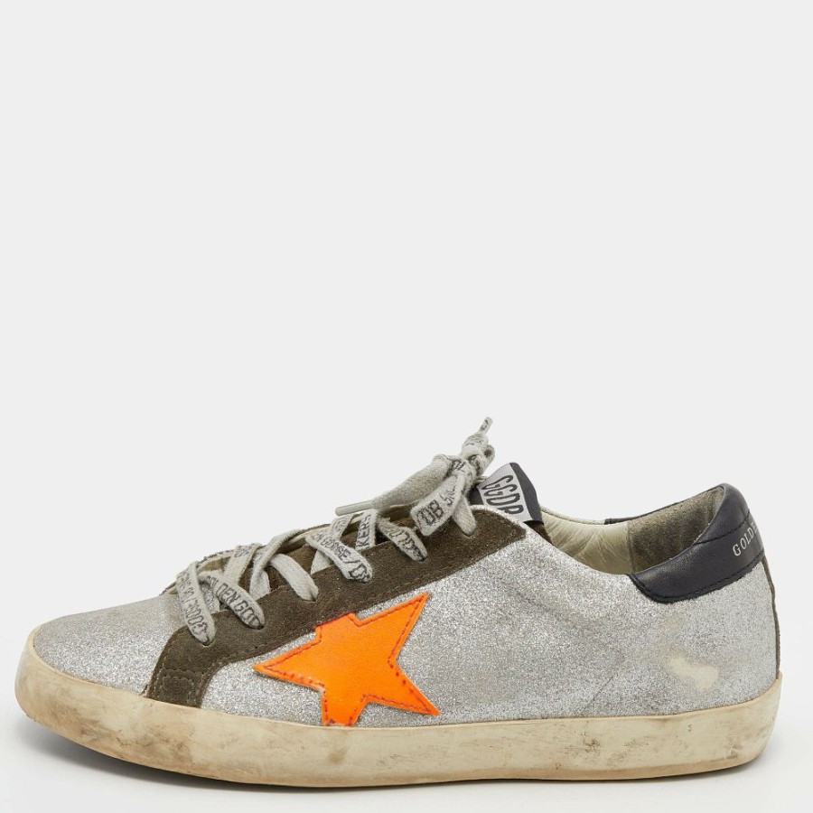 Women * | Golden Goose Glitter And Suede Superstar Low Top Sneakers Size 38 For Women Silver