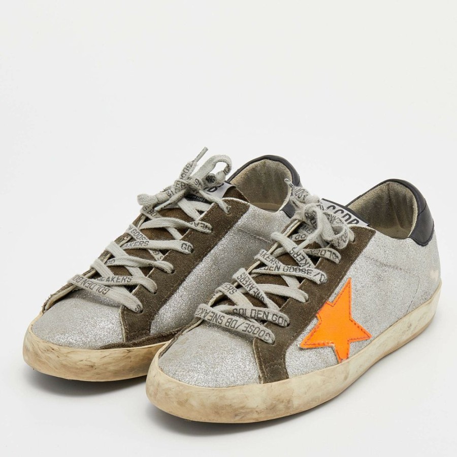 Women * | Golden Goose Glitter And Suede Superstar Low Top Sneakers Size 38 For Women Silver