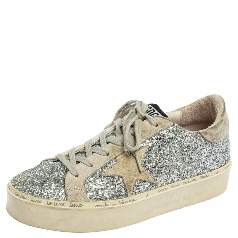 Women * | Golden Goose /Grey Glitter And Suede Super Star Low Top Sneakers Size 38 For Women Silver