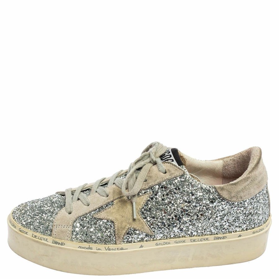 Women * | Golden Goose /Grey Glitter And Suede Super Star Low Top Sneakers Size 38 For Women Silver