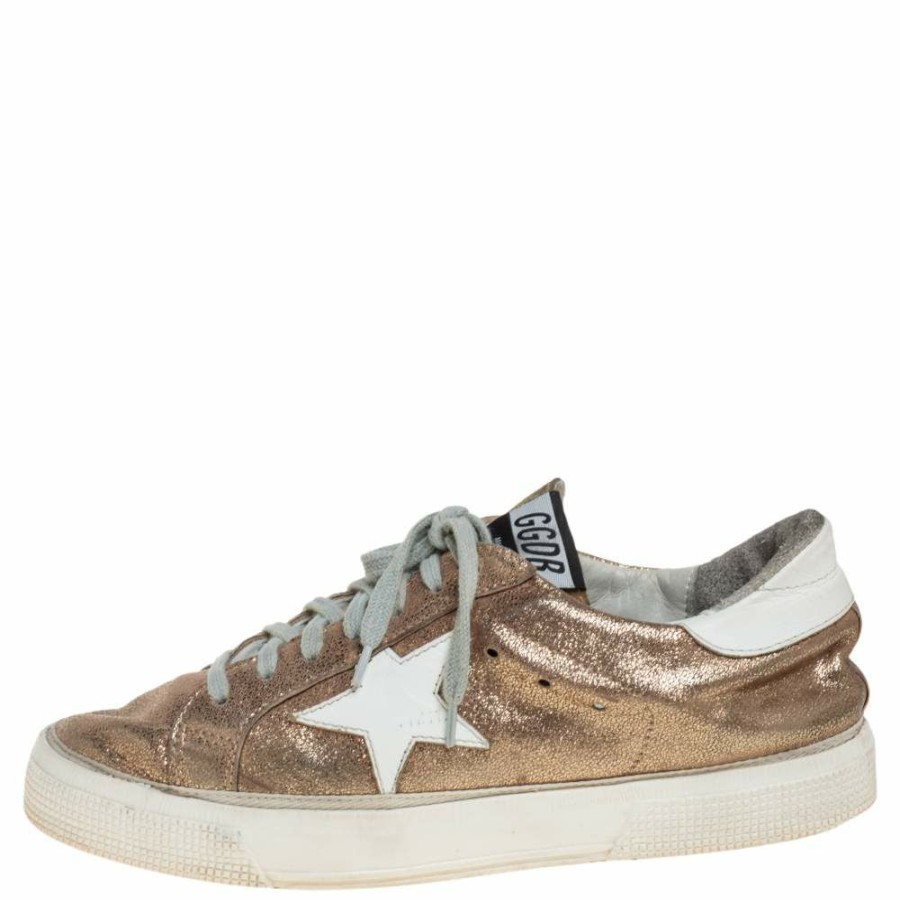 Women * | En Goose /White Glitter And Leather Superstar Low Top Sneakers Size 40 For Women Gold