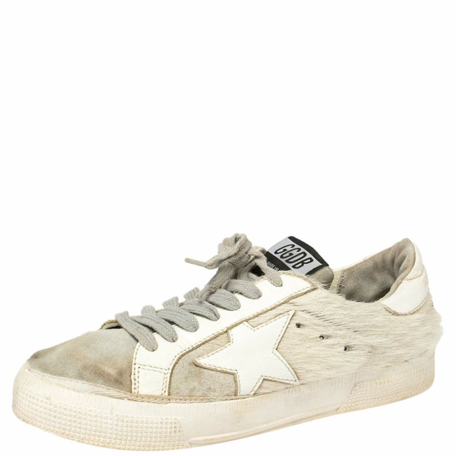 Women * | Golden Goose White/ Distressed Suede And Pony Hair Lace Up Sneakers Size 37 For Women Grey