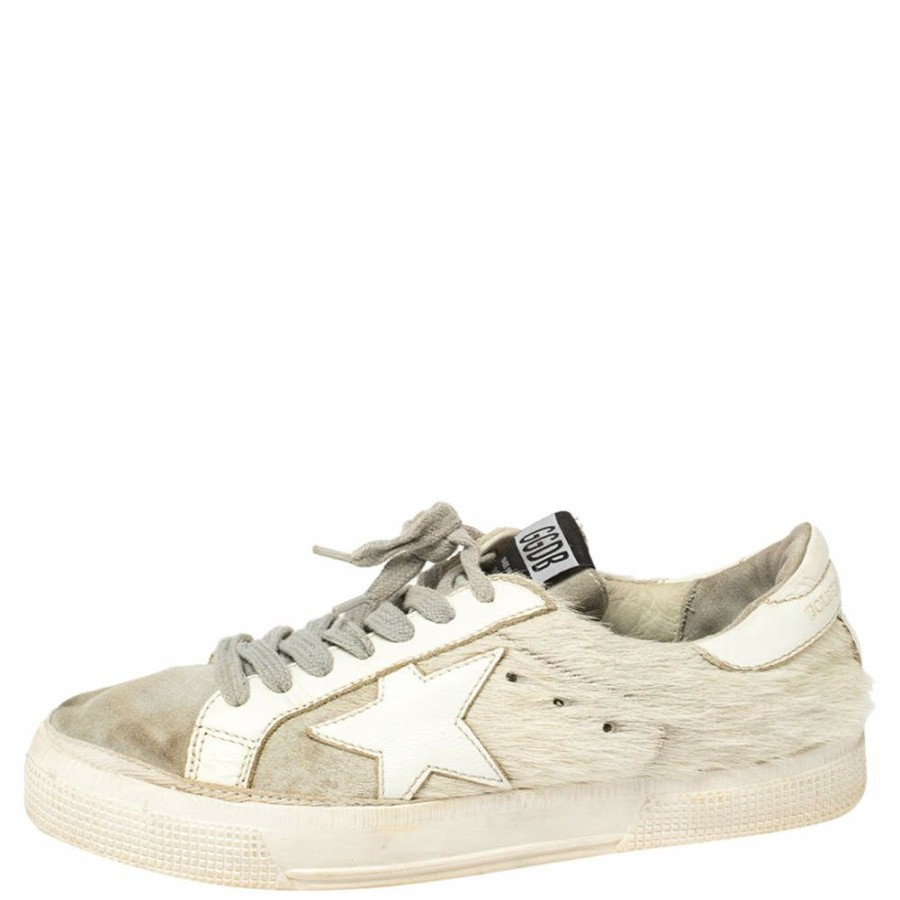 Women * | Golden Goose White/ Distressed Suede And Pony Hair Lace Up Sneakers Size 37 For Women Grey