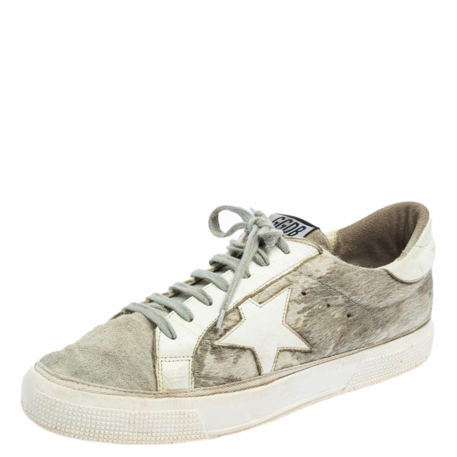 Women * | Golden Goose White/ Distressed Suede And Pony Hair May Lace Up Sneakers Size 40 For Women Grey