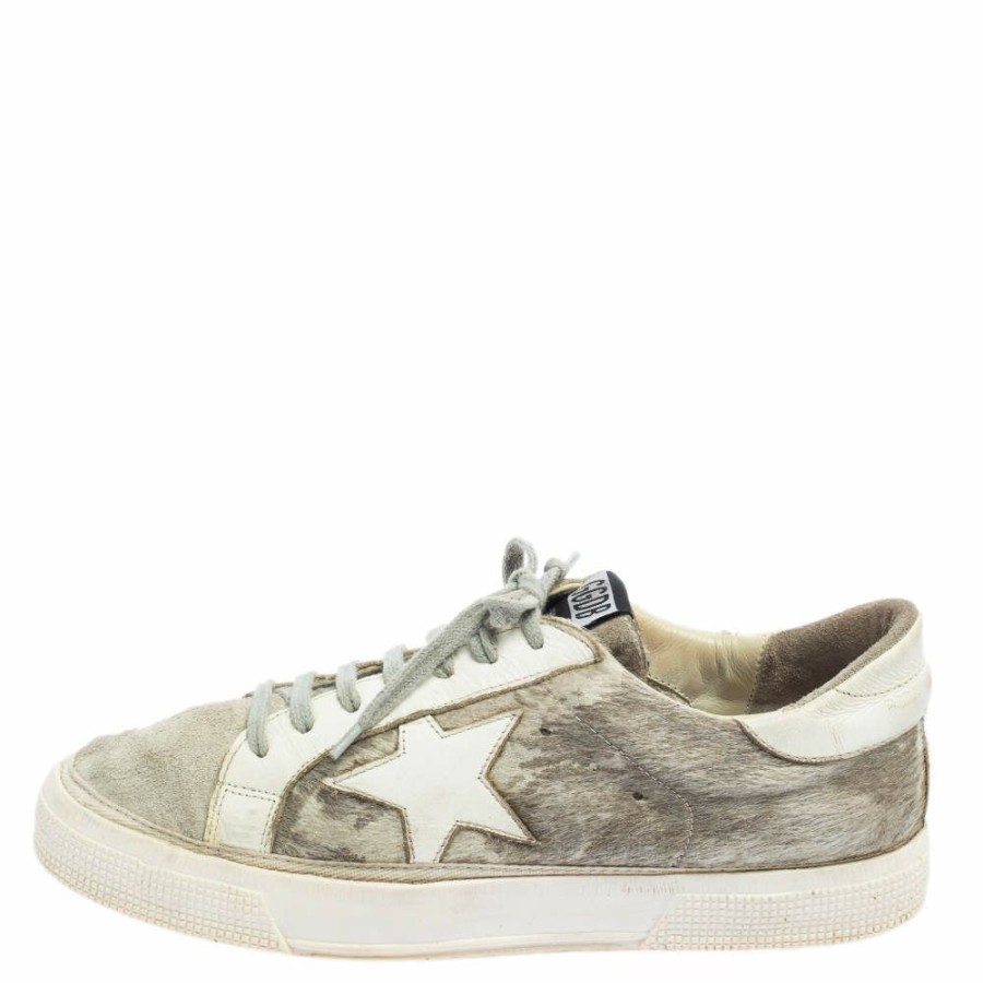 Women * | Golden Goose White/ Distressed Suede And Pony Hair May Lace Up Sneakers Size 40 For Women Grey