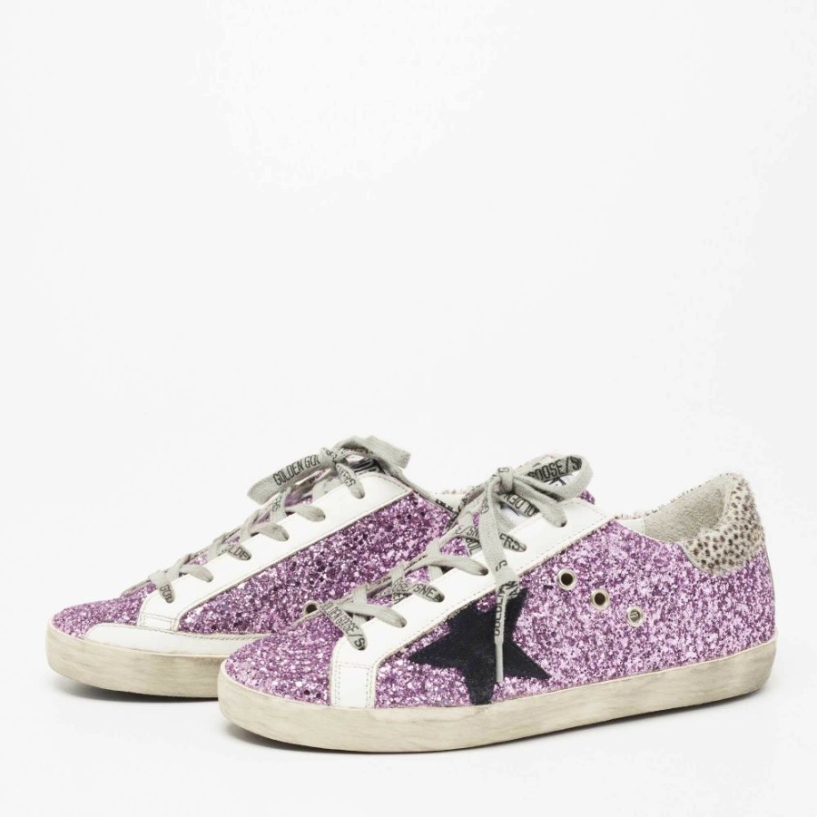 Women * | Golden Goose Glitter And Leather Superstar Low Top Sneakers Size 39 For Women Purple