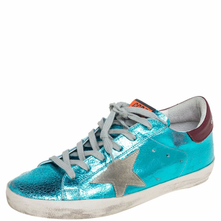 Women * | Golden Goose Blue Leather Superstar Low Top Sneakers Size 38 For Women Metallic