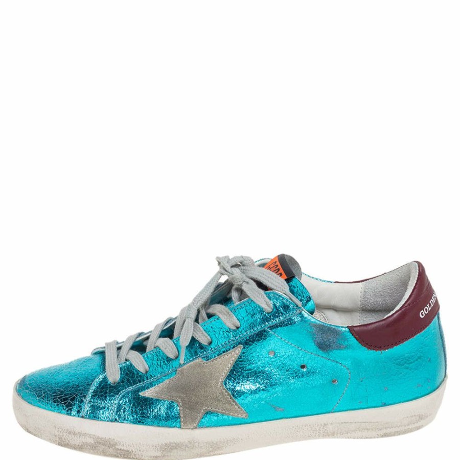 Women * | Golden Goose Blue Leather Superstar Low Top Sneakers Size 38 For Women Metallic