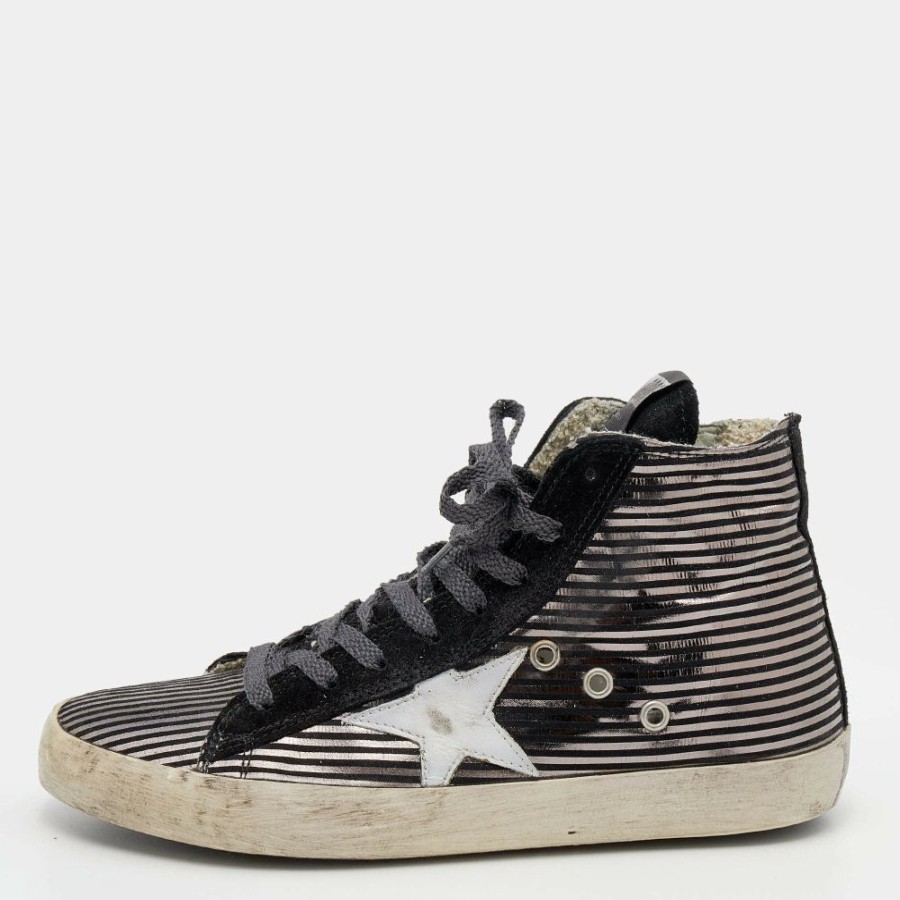 Women * | Golden Goose /Metallic Stripe Suede Francy High Top Sneakers Size 38 For Women Black