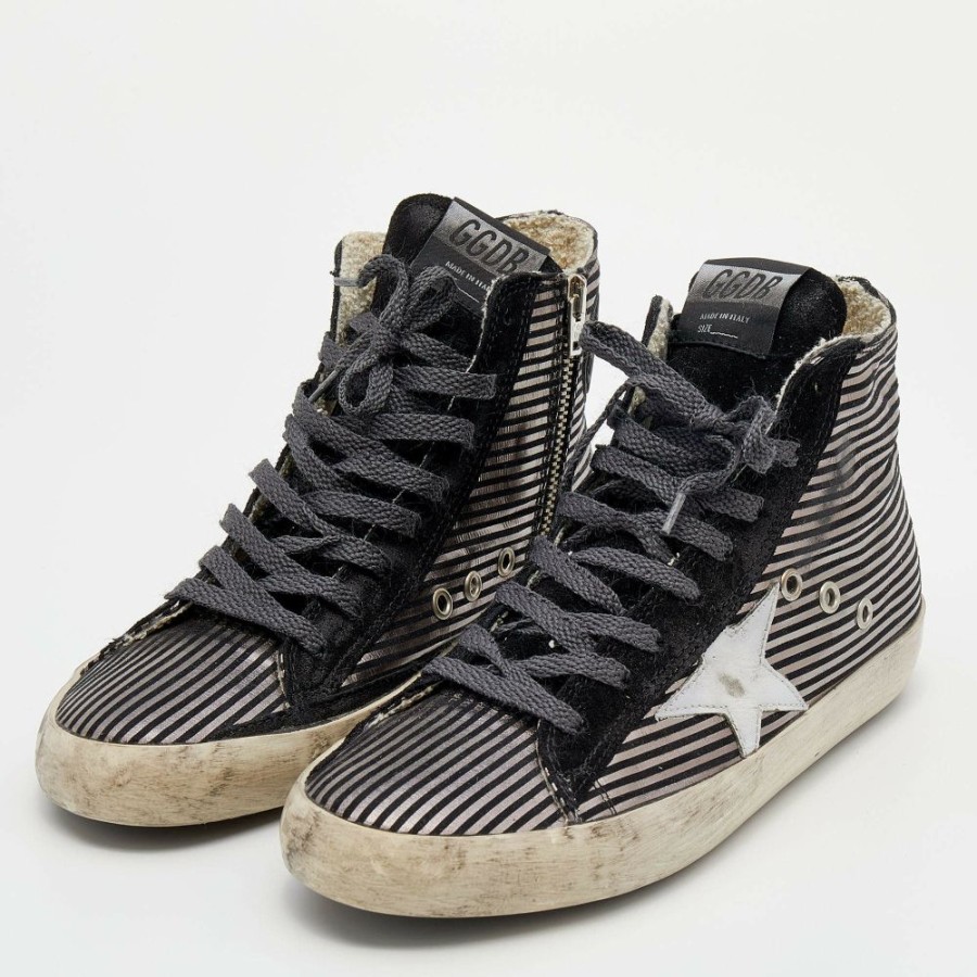 Women * | Golden Goose /Metallic Stripe Suede Francy High Top Sneakers Size 38 For Women Black