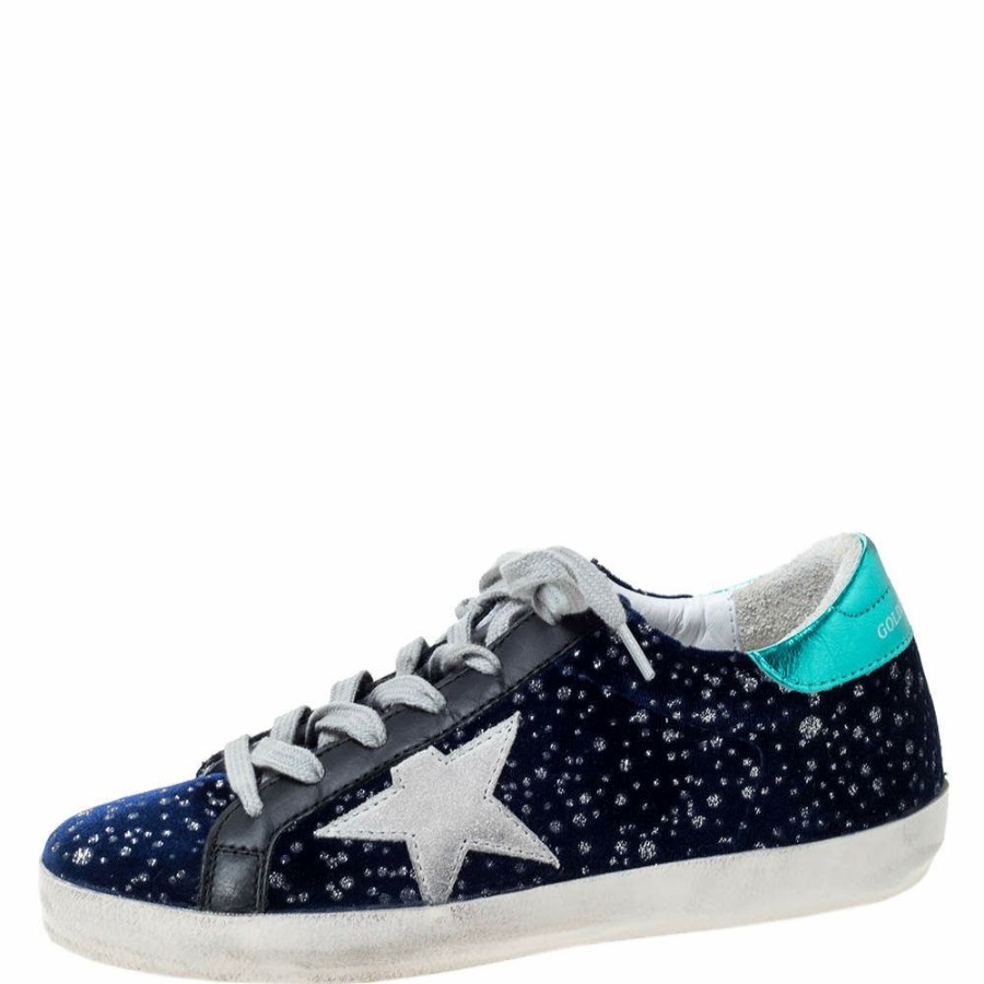 Women * | Golden Goose Deluxe Brand Midnight Navy Velvet Turquoise Tab Superstar Size 35 For Women Blue