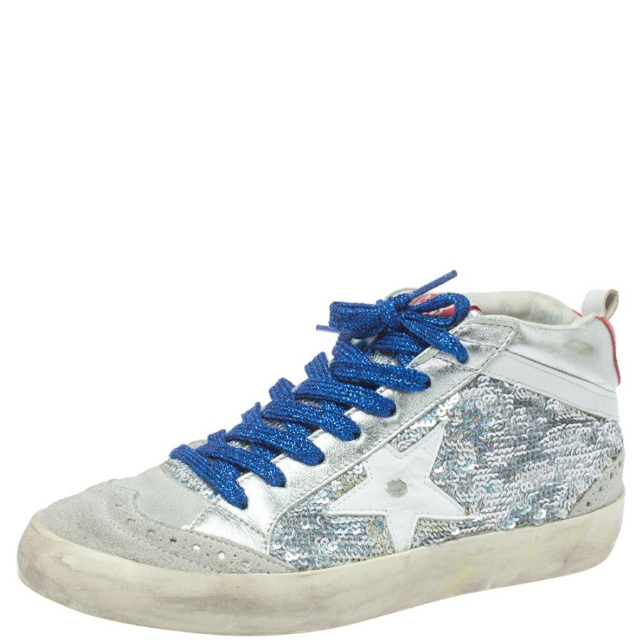 Women * | Golden Goose /Silver Sequins Suede Leather Mid Star High Top Sneakers Size 36 For Women Grey