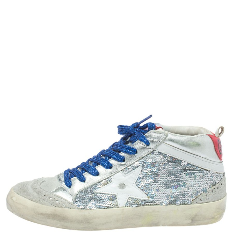 Women * | Golden Goose /Silver Sequins Suede Leather Mid Star High Top Sneakers Size 36 For Women Grey