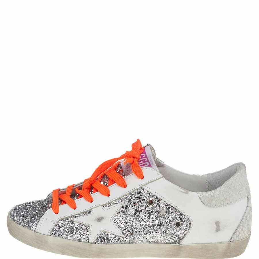 Women * | Golden Goose Leather And Glitter Superstar Double Quarter Sneakers Size 40 For Women White