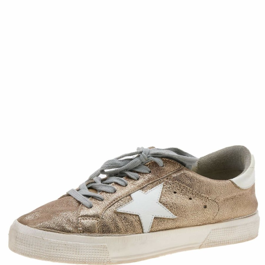 Women * | Golden Goose Gold Crinkled Leather May Low Top Sneakers Size 39 For Women Metallic