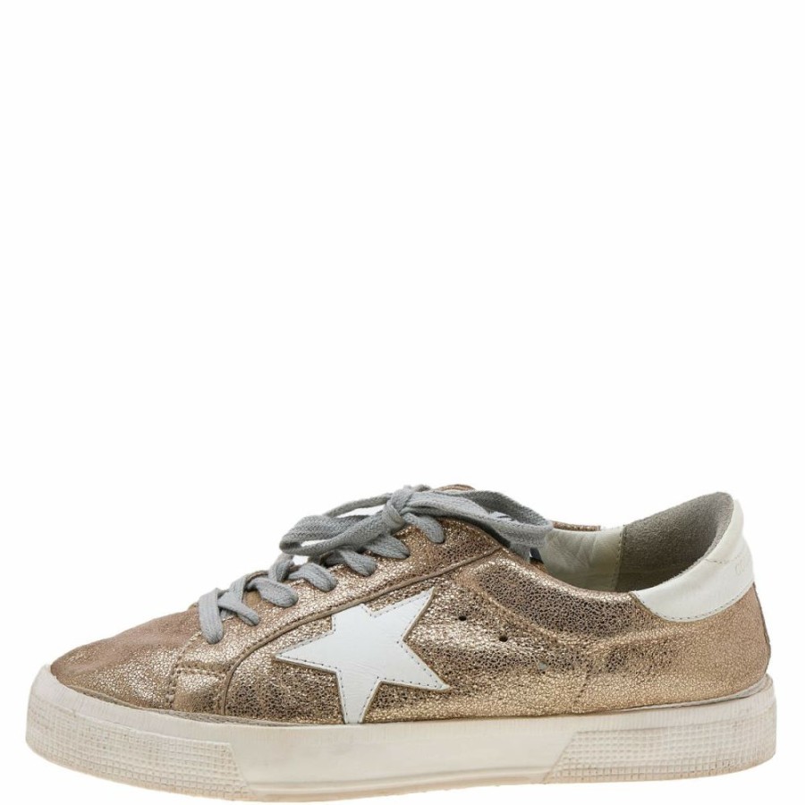 Women * | Golden Goose Gold Crinkled Leather May Low Top Sneakers Size 39 For Women Metallic