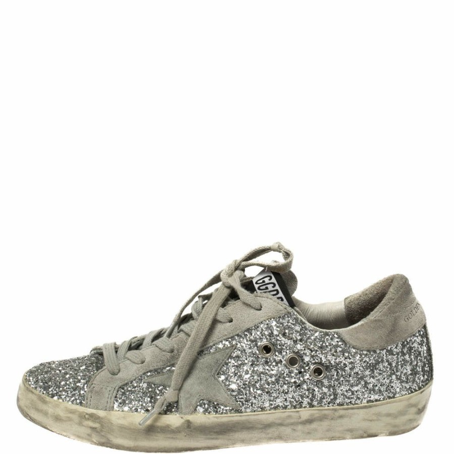 Women * | Golden Goose Glitter And Suede Superstar Lace Up Sneakers Size 38 For Women Silver