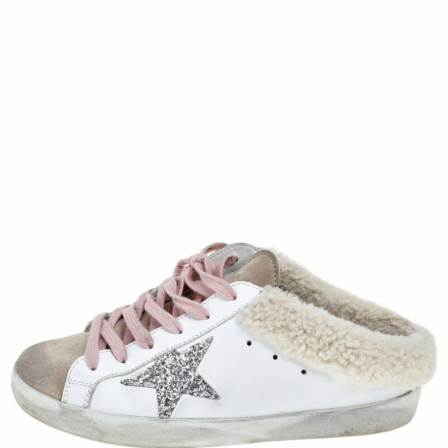 Women * | Golden Goose /Beige Leather And Suede Superstar Sabot Shearling Sneakers Size 38 For Women White