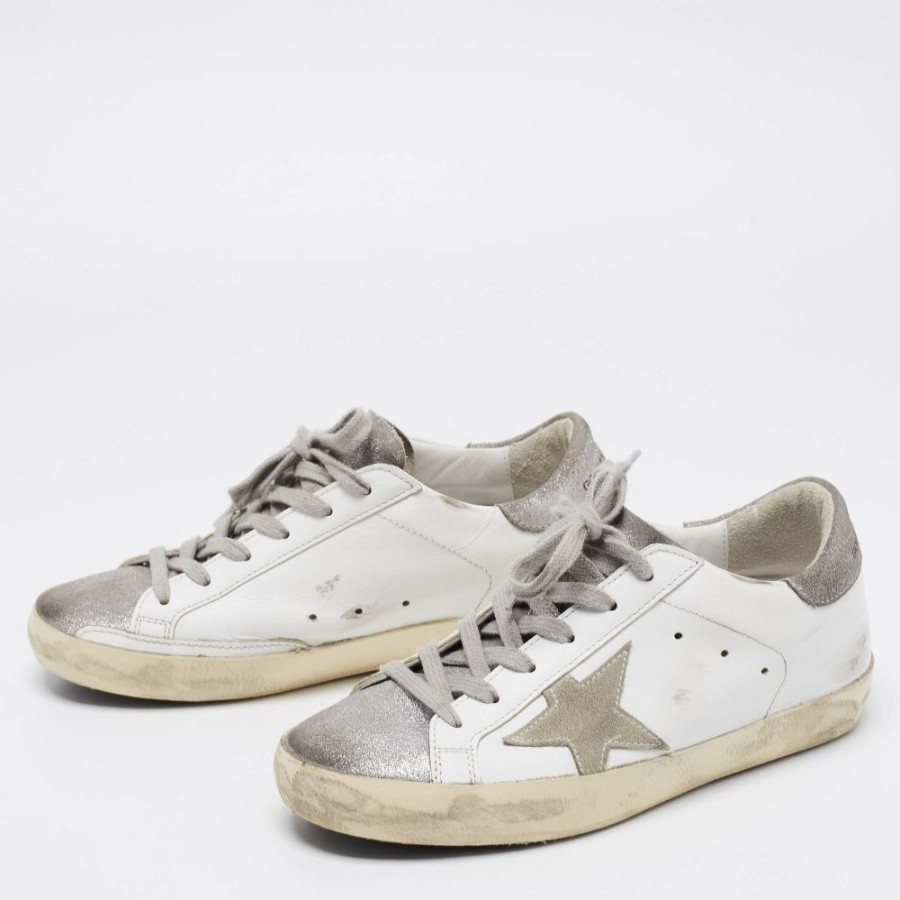 Women * | Golden Goose /Silver Leather And Glitter Super Star Low-Top Sneakers Size 36 For Women White