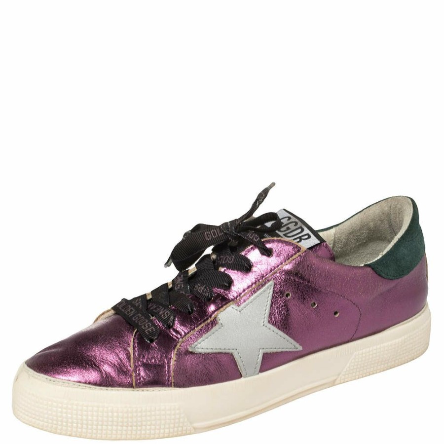 Women * | Golden Goose Metallic Leather May Low Top Sneakers Size 38 For Women Purple