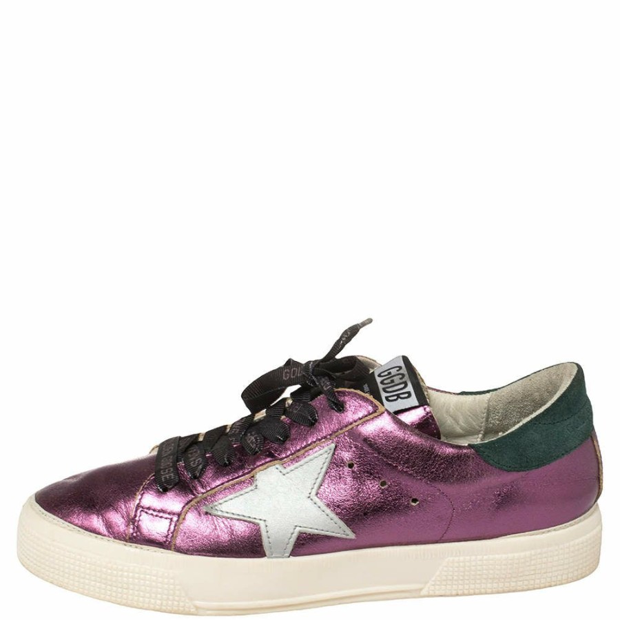 Women * | Golden Goose Metallic Leather May Low Top Sneakers Size 38 For Women Purple