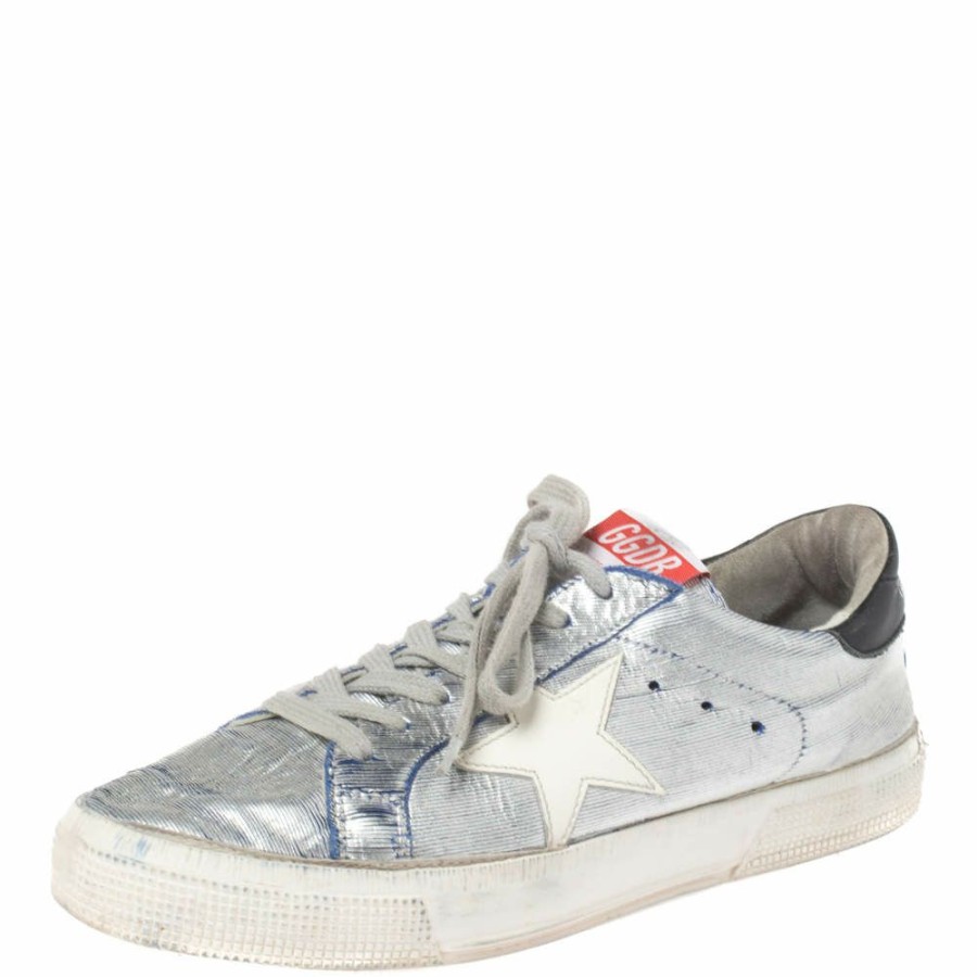 Women * | Golden Goose Silver/White Leather Star Applique Low Top Sneakers Size 39 For Women Metallic