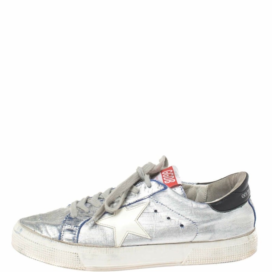 Women * | Golden Goose Silver/White Leather Star Applique Low Top Sneakers Size 39 For Women Metallic