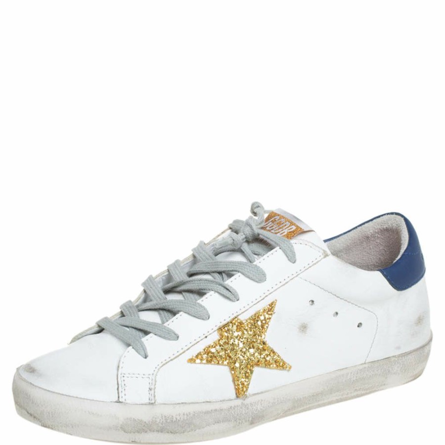 Women * | Golden Goose Leather And Glitter Superstar Lace Up Sneakers Size 40 For Women White