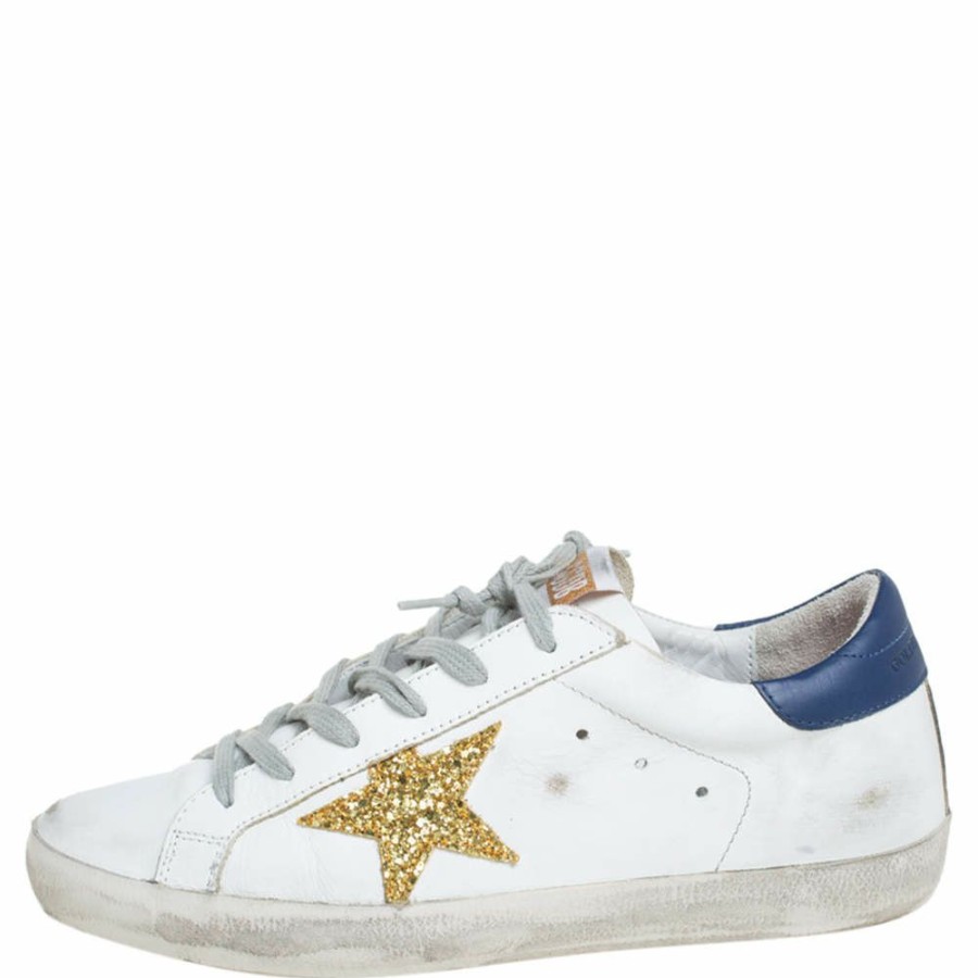 Women * | Golden Goose Leather And Glitter Superstar Lace Up Sneakers Size 40 For Women White