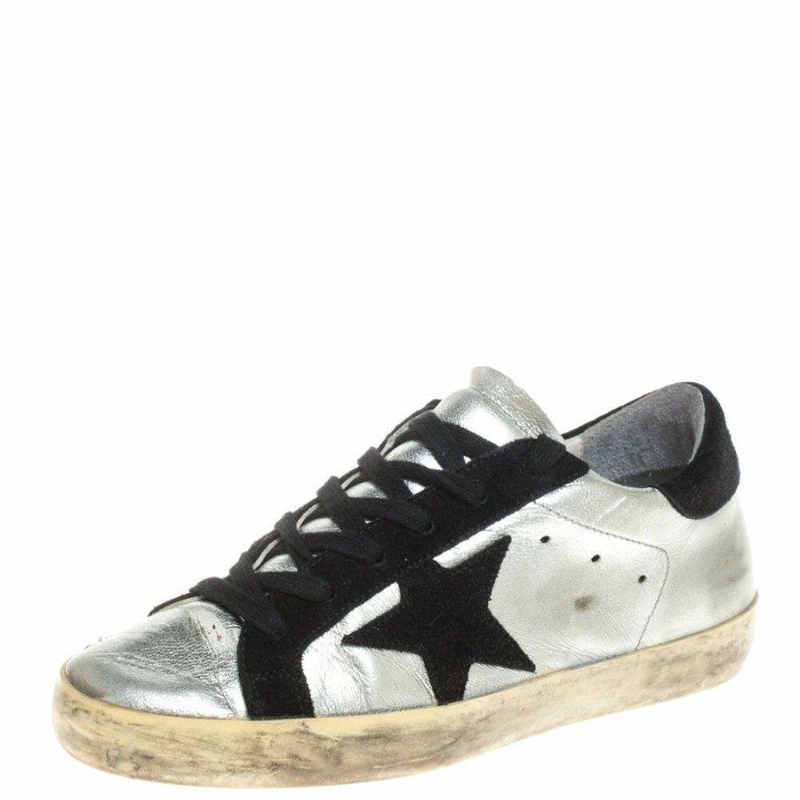 Women * | Golden Goose Silver/Black Leather And Suede Superstar Lace Up Sneakers Size 36 For Women Metallic