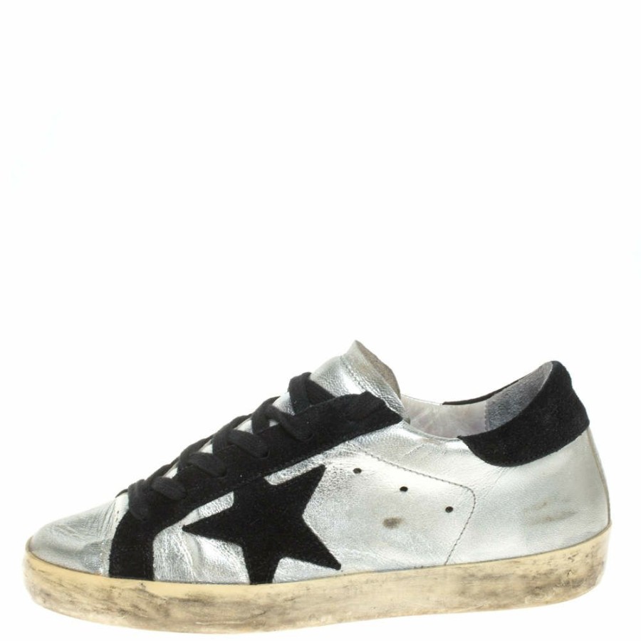 Women * | Golden Goose Silver/Black Leather And Suede Superstar Lace Up Sneakers Size 36 For Women Metallic