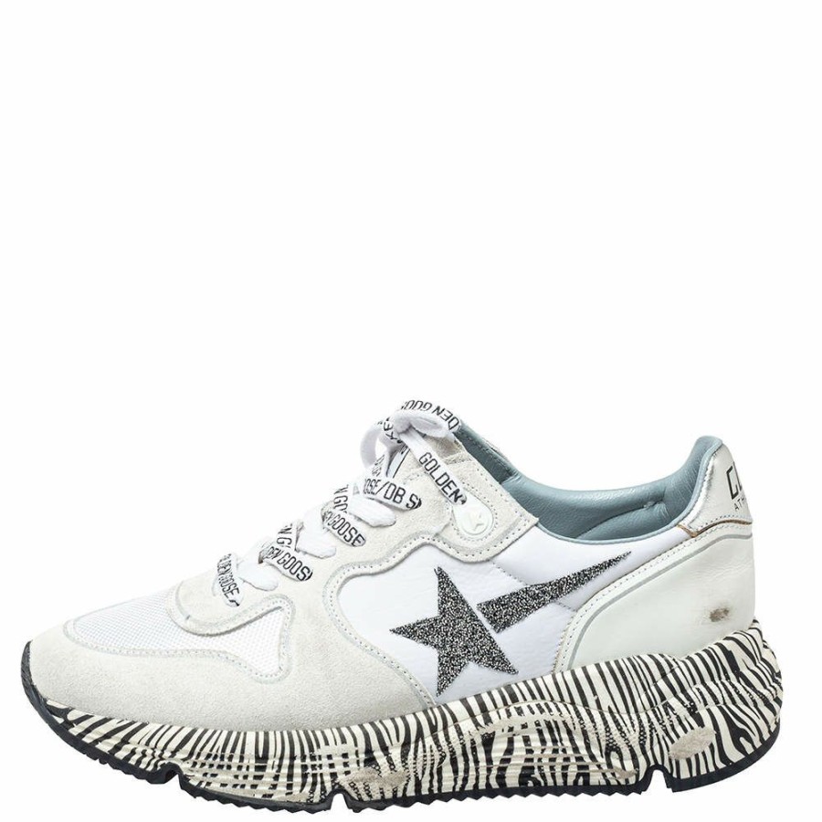 Women * | Golden Goose Leather And Mesh Running Sole Crystal Star Zebra Print Sole Low Top Sneakers Size 38 For Women White