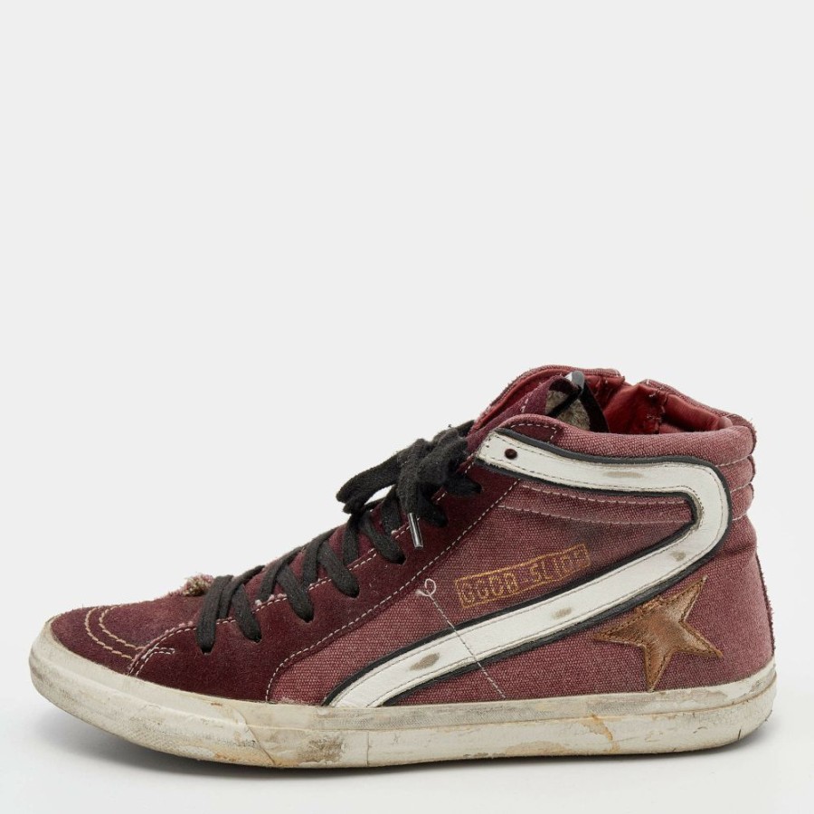 Women * | Golden Goose /White Canvas And Suede Slide Sneakers Size 38 For Women Burgundy