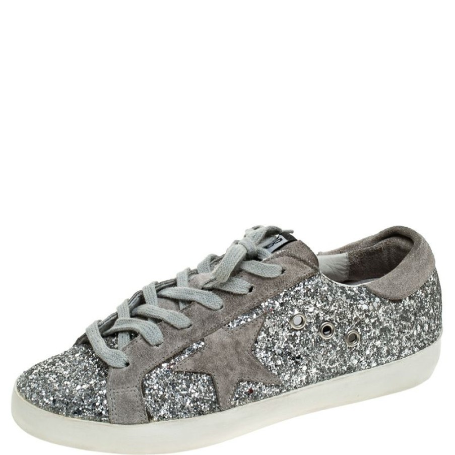 Women * | Golden Goose Grey/ Suede And Glitter Fabric Superstar Lace Up Sneakers Size 37 For Women Silver