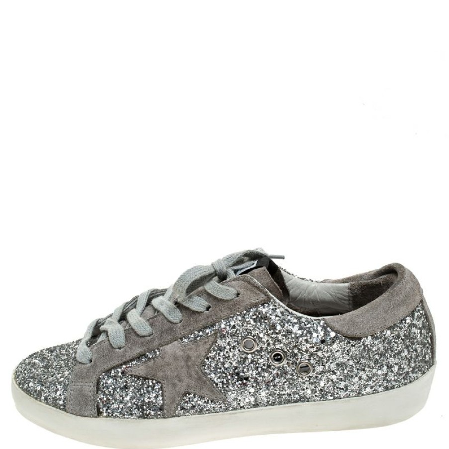 Women * | Golden Goose Grey/ Suede And Glitter Fabric Superstar Lace Up Sneakers Size 37 For Women Silver