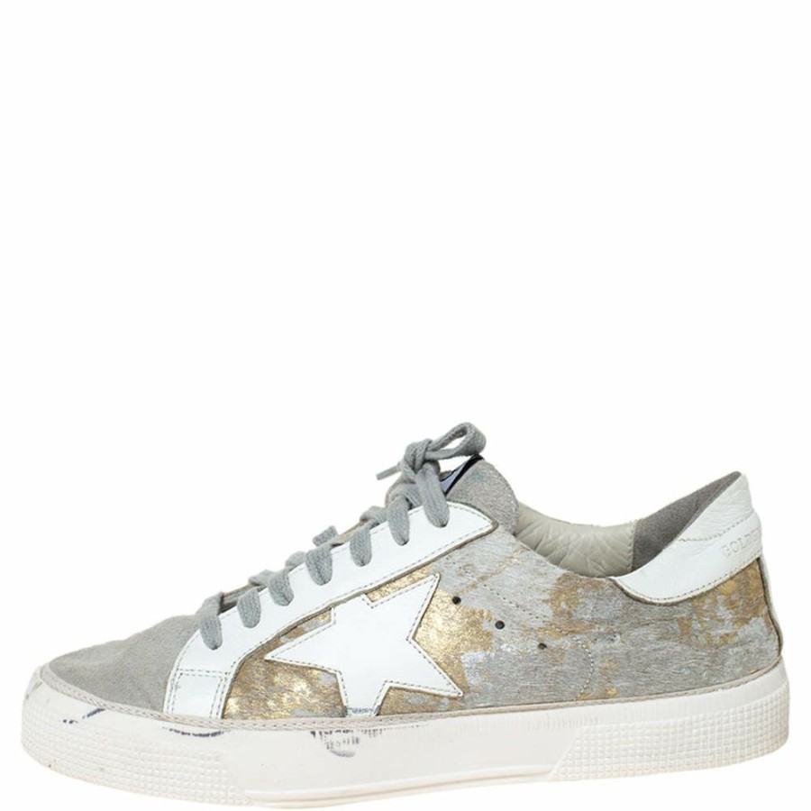 Women * | Golden Goose White/ Distressed Suede And Metallic Pony Hair May Lace Up Sneakers Size 38 For Women Grey