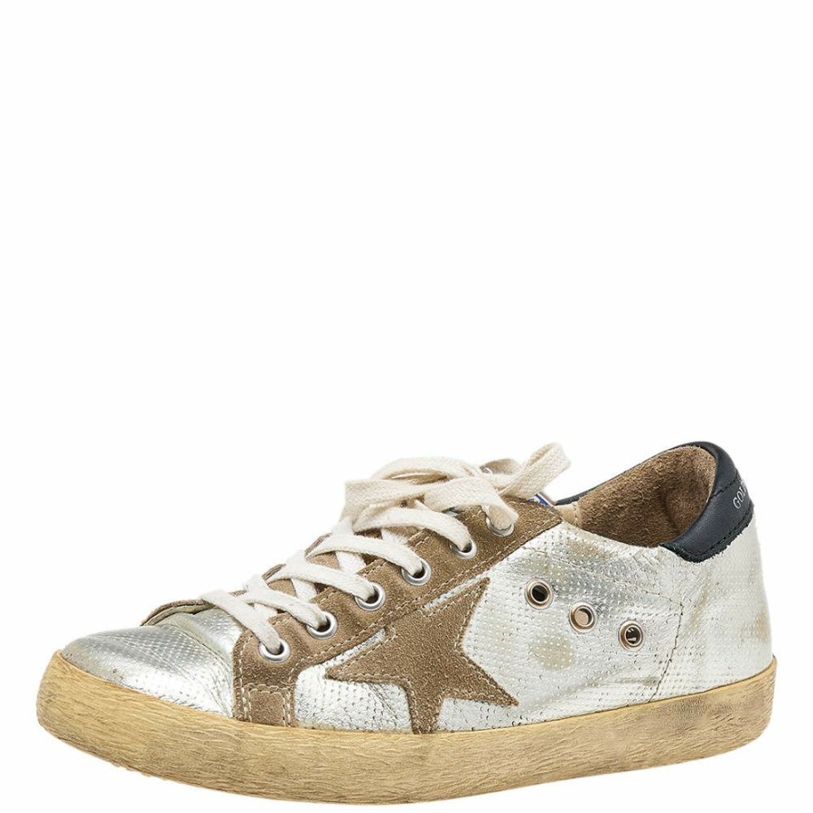 Women * | Golden Goose Silver Leather And Suede Archive Low Top Sneakers Size 36 For Women Metallic