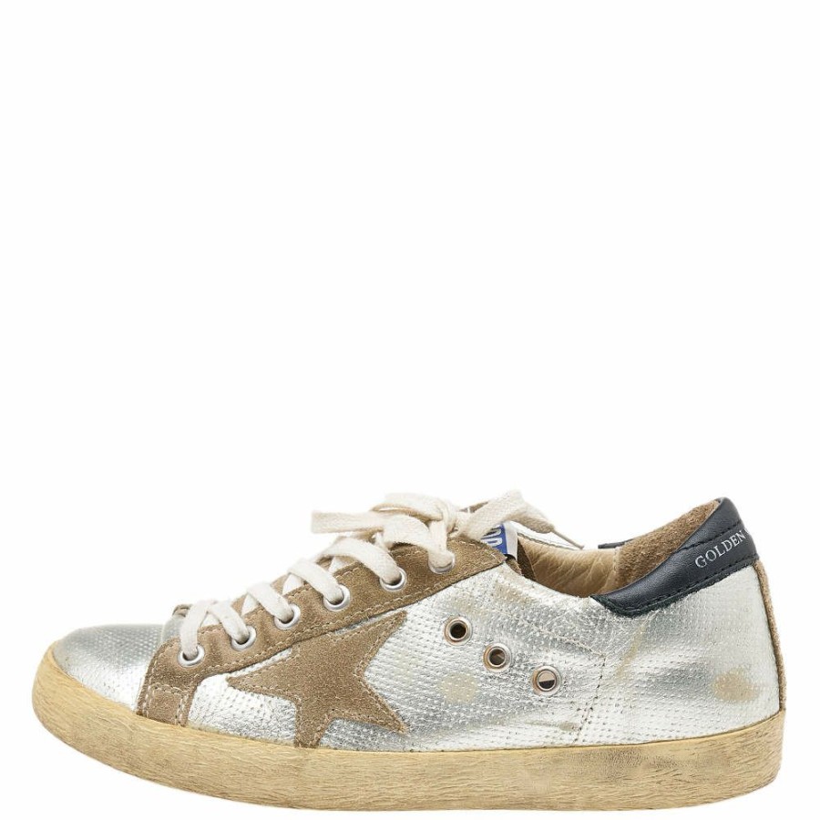 Women * | Golden Goose Silver Leather And Suede Archive Low Top Sneakers Size 36 For Women Metallic