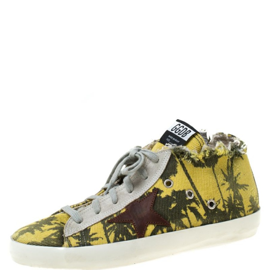 Women * | Golden Goose Palm Print Canvas High Top Lace Up Sneakers Size 39 For Women Yellow