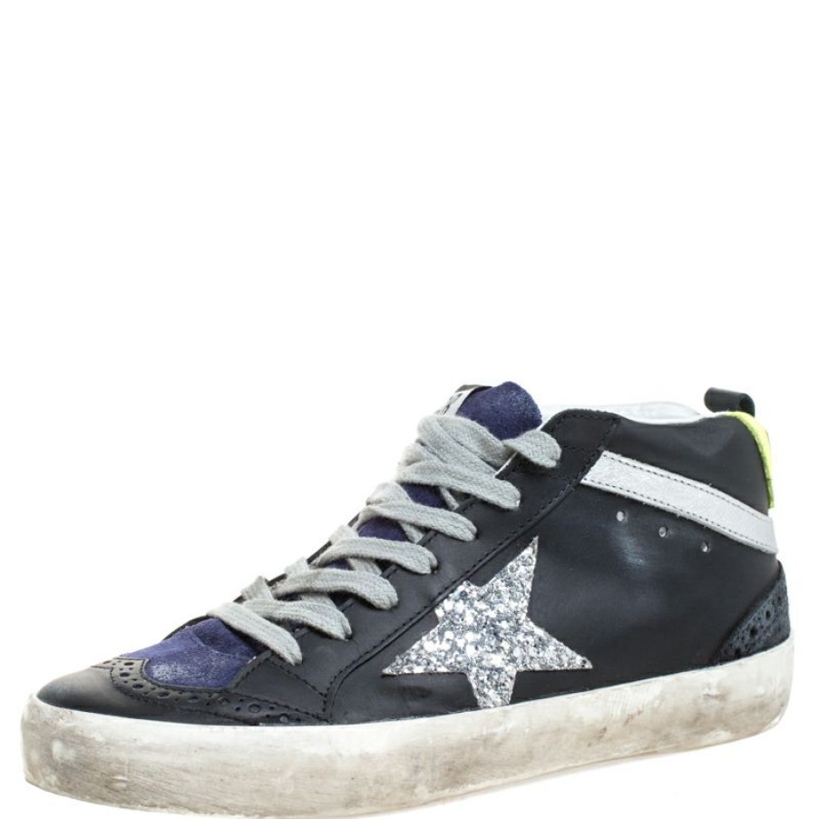 Women * | Golden Goose /Blue Leather And Suede Star Applique Low Top Sneakers Size 36 For Women Black