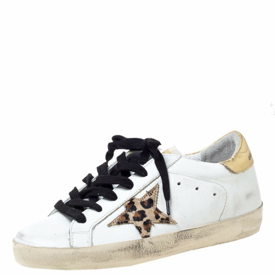 Women * | Golden Goose Deluxe Brand Leather Gold Metallic Tab Leopard Star Superstar Size 35 For Women White