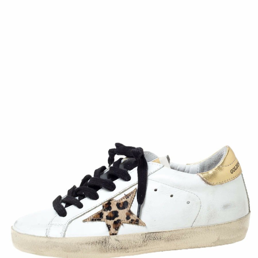 Women * | Golden Goose Deluxe Brand Leather Gold Metallic Tab Leopard Star Superstar Size 35 For Women White